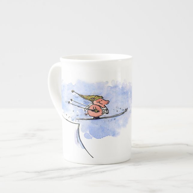 High Flying Pig - Cool Ski Jumping Winter Athlete Bone China Mug (Front Left)