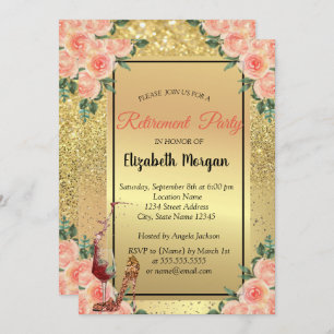 High Heel,Glass,Gold Glitter Floral Retirement Invitation