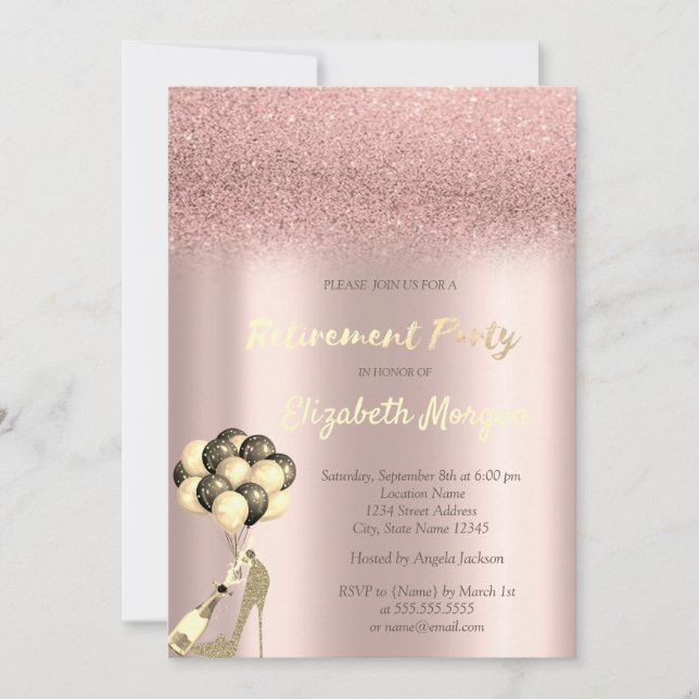 High Heel Rose Gold Glitter Bokeh Retirement Party Invitation (Front)