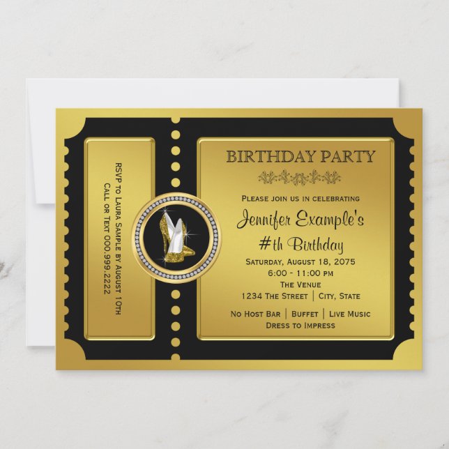High Heel Shoe Golden Ticket Birthday Party Invitation (Front)