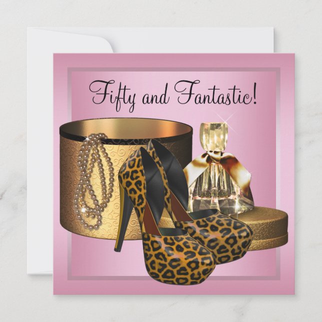 High Heel Shoes Leopard Gold Womans 50th Birthday Invitation (Front)