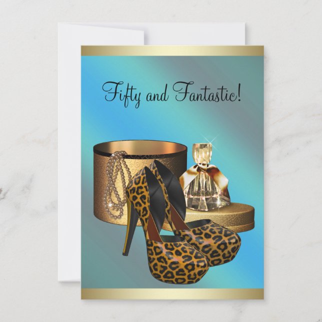 High Heel Shoes Leopard Gold Womans 50th Birthday Invitation (Front)