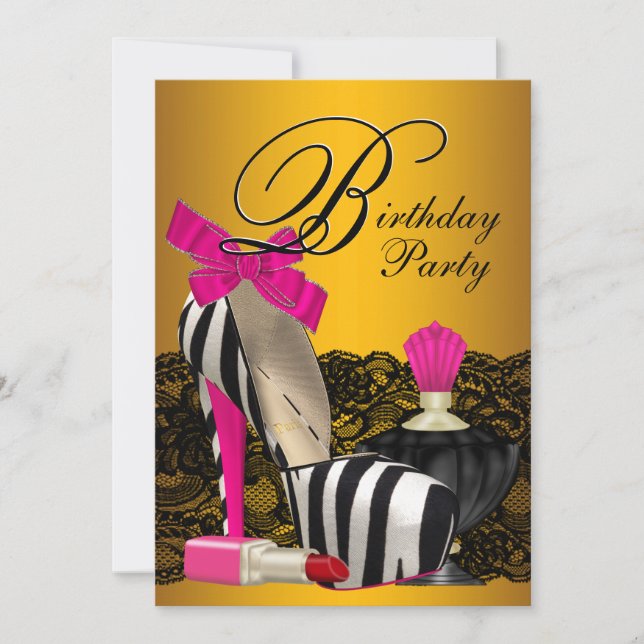 High Heel Shoes Pink and Gold Pink Zebra Party Invitation (Front)