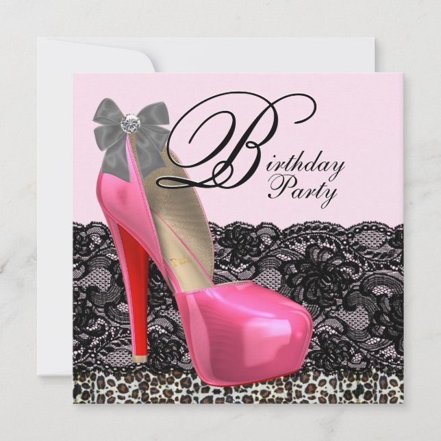 High Heel Shoes Pink Leopard Birthday Party Invitation (Front)