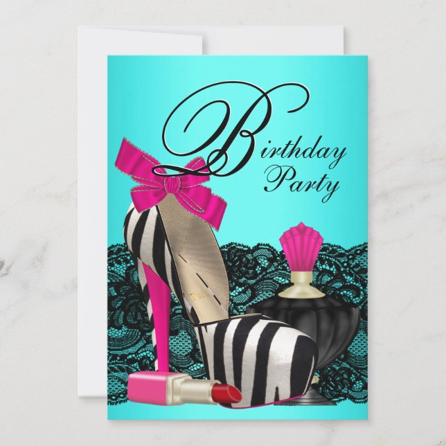 High Heel Shoes Teal Blue and Pink Zebra Party Invitation (Front)