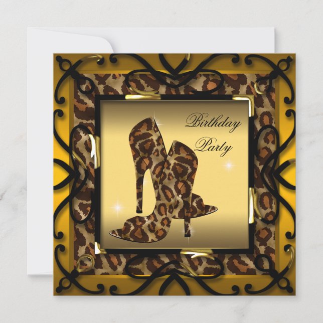 High Heel Shoes Wild Gold Leopard Birthday Party Invitation (Front)