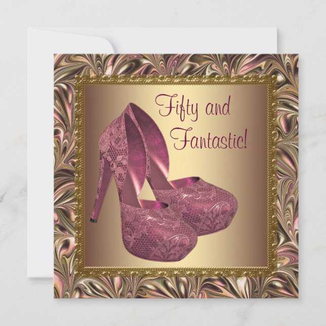 High Heel Shoes Womans Pink Gold 50th Birthday Invitation (Front)