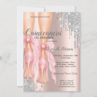 High Heells Bow Drips,Rose Gold Quinceañera Invitation