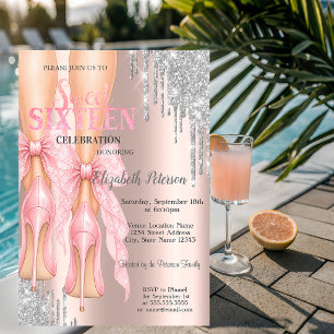 High Heells Bow Glitter Drips, Rose Gold Sweet 16 Invitation
