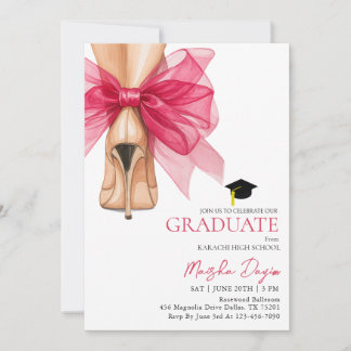 High Heels Coquette Pink Bow Graduation Photo Invitation