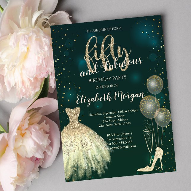 High Heels,Dress,Stars Green 50th Birthday  Invitation (Creator Uploaded)