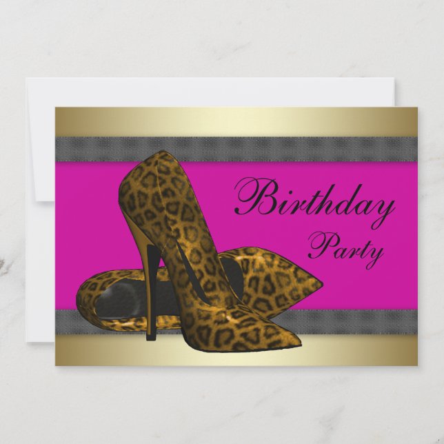 High Heels & Fuchsia Hot Pink Leopard Birthday Invitation (Front)