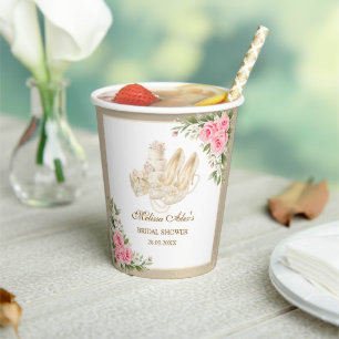 High Heels Ivory Pearls Pink Roses Bridal Shower Paper Cups