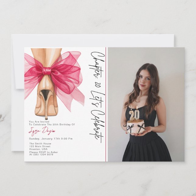 High Heels Pink Bow 20th Birthday Party Photo Invitation (Front)