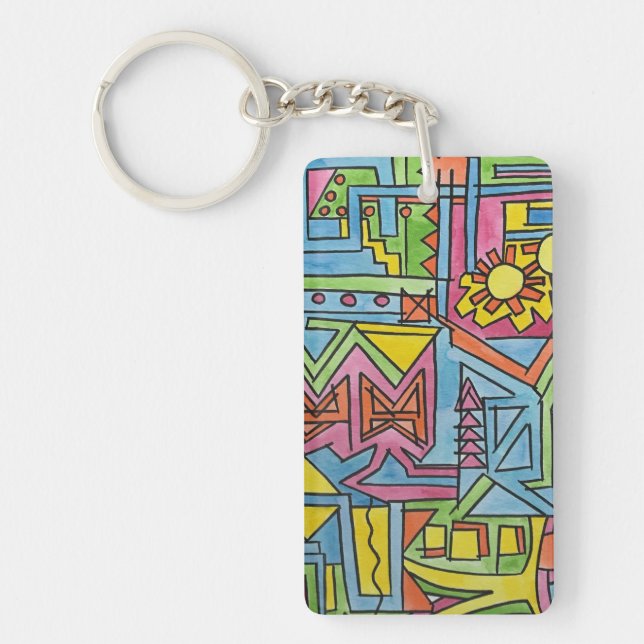 High Noon-Modern Bauhaus Geometric Watercolor Art Key Ring (Front)