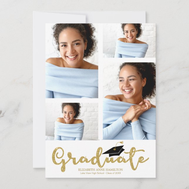 High School 4 Photo Gold Glitter Grad Announcement (Front)