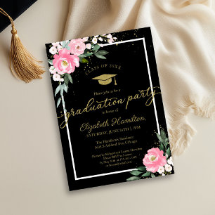 High School Grad Party Hot Pink Floral Black Invitation