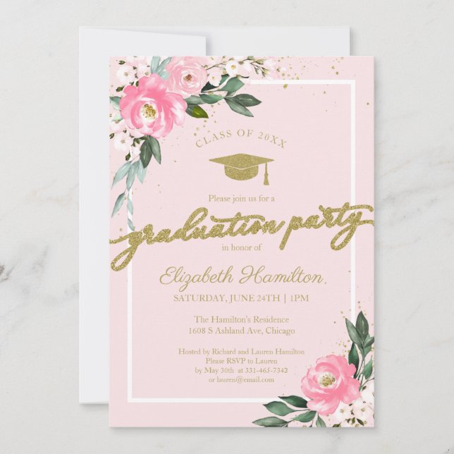 High School Grad Party Hot Pink Floral Invitation (Front)
