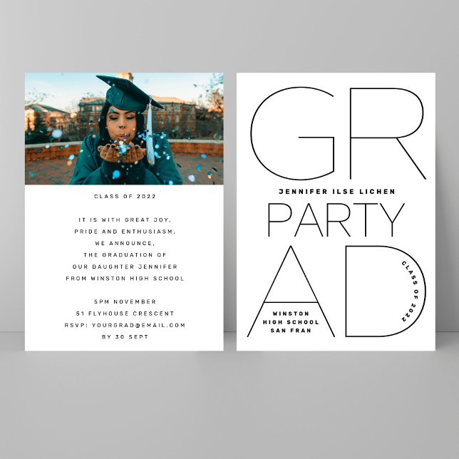 High School Grad Party White Black Modern Minimal Invitation (Creator Uploaded)