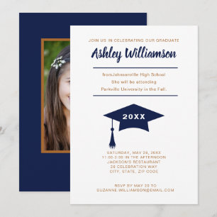 High School Graduation Announcement Cap Navy Gold