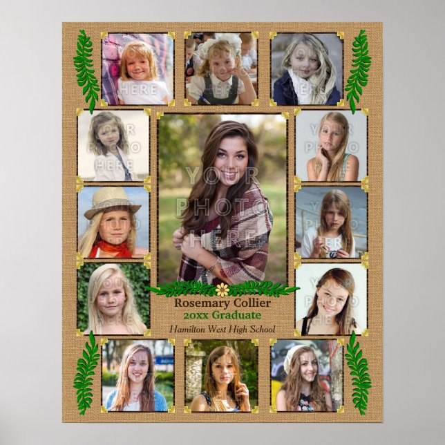 High School Graduation Photo Collage | Burlap Fern Poster (Front)