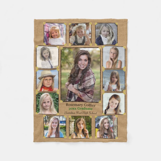 High School Graduation Photo Collage Rustic Burlap Fleece Blanket (Front)