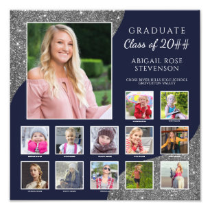 High School K-12 Photo Collage Blue Silver Glitter Print
