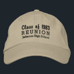 High School Reunion Class of Custom School Name Embroidered Hat<br><div class="desc">Celebrate your high school reunion with this cool custom baseball style hat that reads "Class of 19XX Reunion" and your school name. Easily change the text and hat colour to match your school colours. Makes a really nice keepsake for your entire class.</div>