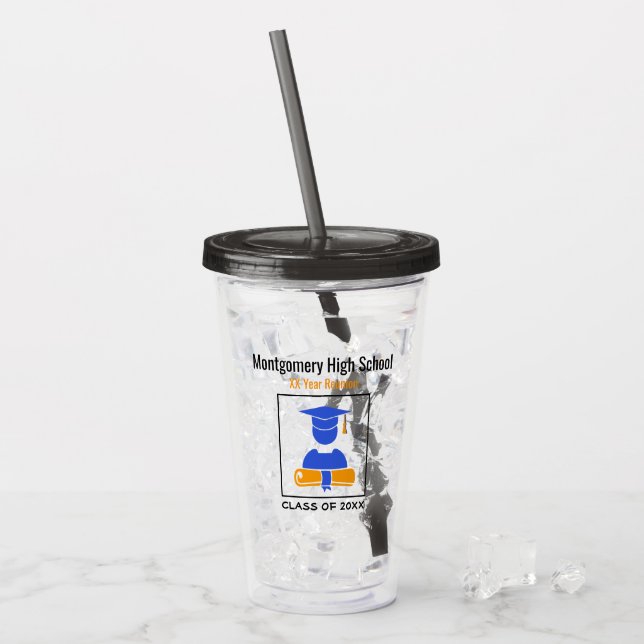 High School Reunion Custom Blue and Orange Acrylic Tumbler (Front Ice)