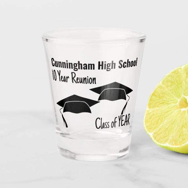 High School Reunion Dual Black Mortarboards Shot Glass (Front)