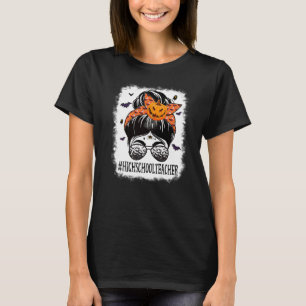 High School Teacher Messy Bun Spooky Orange Hallow T-Shirt