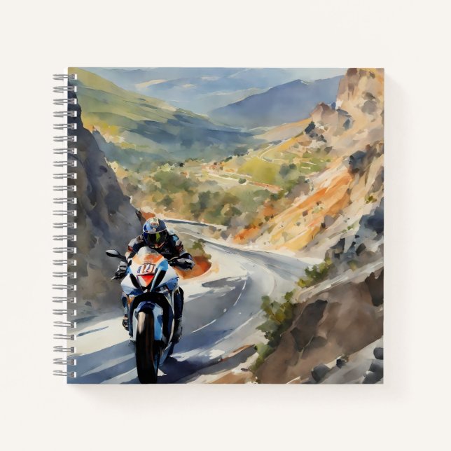 High-Speed Adventure in Vibrant Mountain Landscape Notebook (Front)