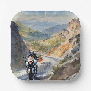 High-Speed Adventure in Vibrant Mountain Landscape Paper Plate