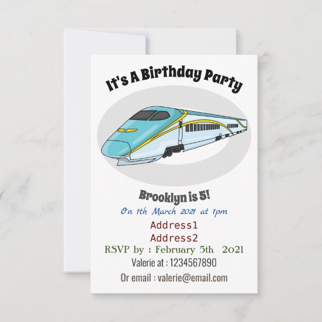 High speed bullet train cartoon illustration invitation (Front)