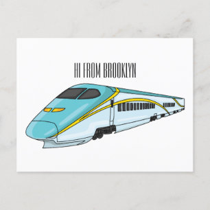High speed bullet train cartoon illustration postcard