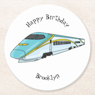 High speed bullet train cartoon illustration round paper coaster