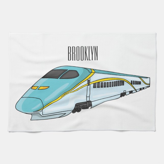 High speed bullet train cartoon illustration tea towel (Horizontal)