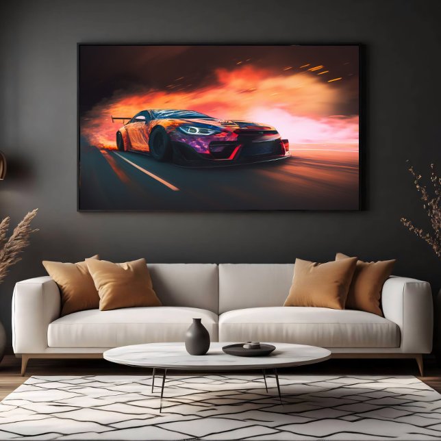 High-Speed Drift Car Digital Neon Sunset Canvas Print (Creator Uploaded)
