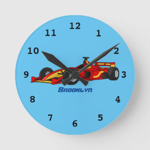 High speed racing cars cartoon illustration round clock