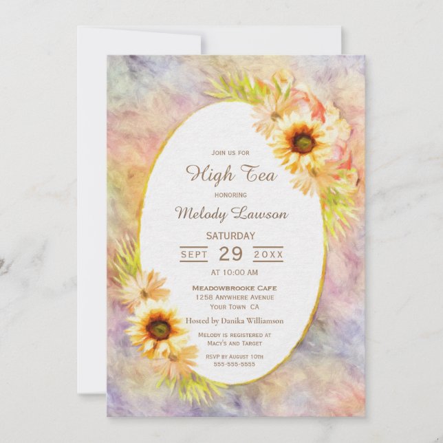 High Tea Bridal Brunch Painted Gold Floral Invitation (Front)