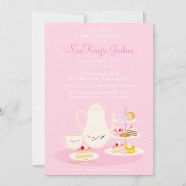 High Tea party Bridal Shower invitation pink colou (Front)