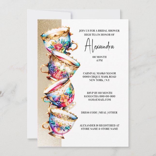High tea party teacups floral summer flowers chic invitation (Front)