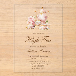 High Tea Pastel Gold Bridal Shower Acrylic Invitations