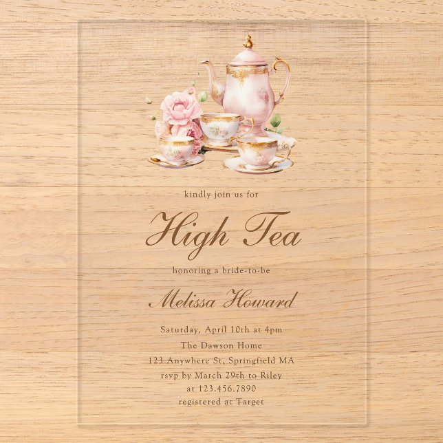 High Tea Pastel Gold Bridal Shower Acrylic Invitations (Front)