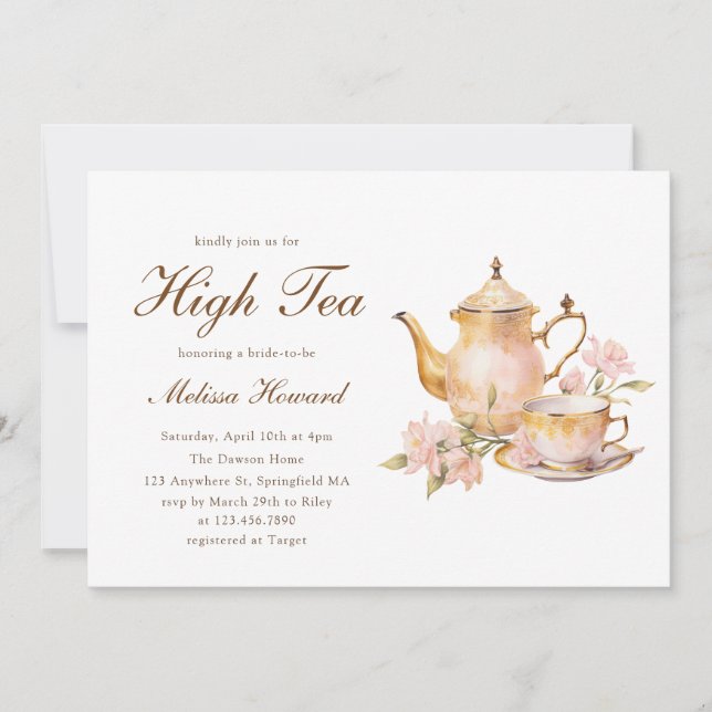 High Tea Pastel Gold Bridal Shower Invitation (Front)