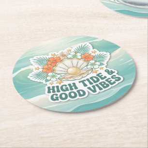 High Tide and Good Vibes Round Paper Coaster