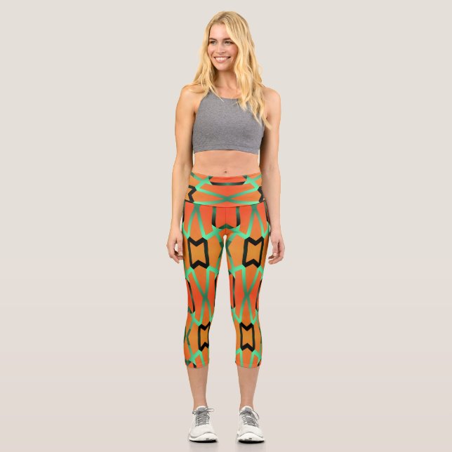 High Waisted Capris, Multi colour fabric pattern Capri Leggings (Front)