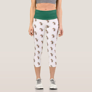 High Waisted Yoga Capris, Green Clown White Bottom Capri Leggings