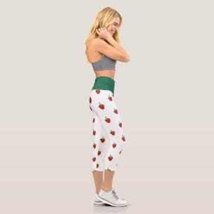 High Waisted Yoga Capris, Green Strawberry White Capri Leggings