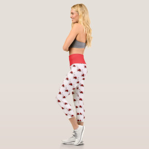 High Waisted Yoga Capris, Red Rose White Bottom Capri Leggings